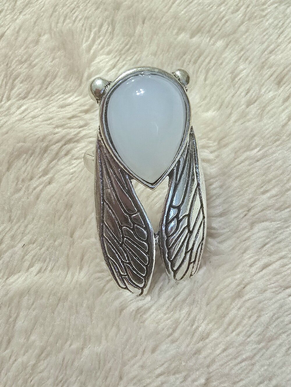Silver Cicada Wing Teardrop Ring with White Opalescent Stone - Women Jewelry